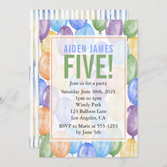 Watercolor Balloons Boy Birthday Einladung (Vorne/Hinten)