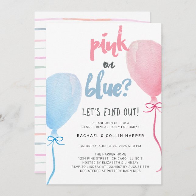 Watercolor Balloons Gender Reveal Baby Shower Einladung (Vorne/Hinten)