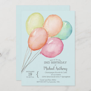 Watercolor Balloons Junge 2. Geburtstag Einladung