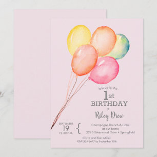 Watercolor Balloons Pink 1. Geburtstag Einladungen