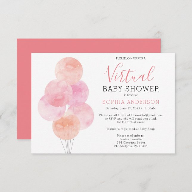 Watercolor Balloons Virtual Baby Dusche Einladung (Vorne/Hinten)