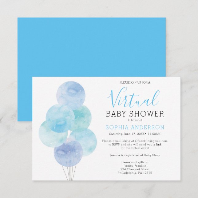 Watercolor Balloons Virtual Baby Dusche Einladung (Vorne/Hinten)