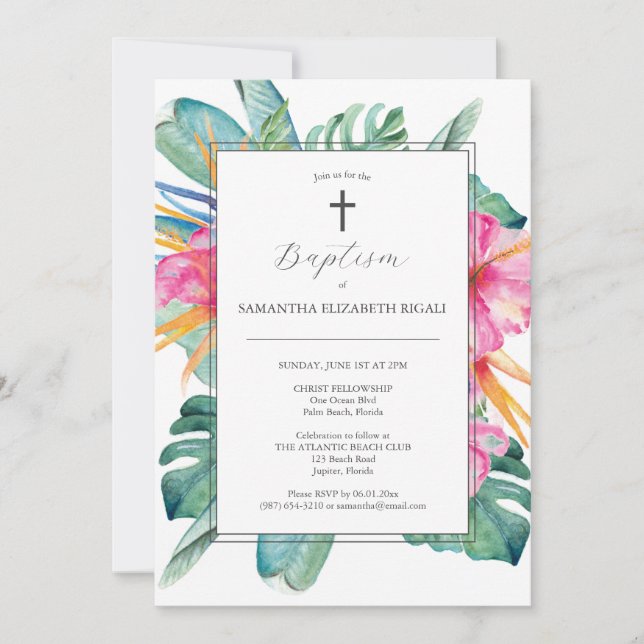 Watercolor Baptism Invitations Tropical Flowers Einladung (Vorderseite)