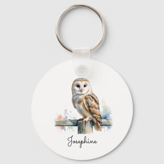 Watercolor Barn Owl Elegant Personalized Name Schlüsselanhänger (Vorderseite)