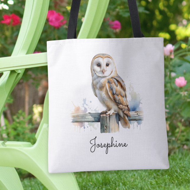 Watercolor Barn Owl Personalized Reusable (A personalized tote bag with picture of a barn owl in a watercolor style)