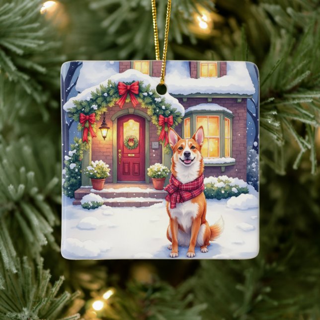 Watercolor Basenji Townhouse Christmas Holiday Keramikornament (Baum)