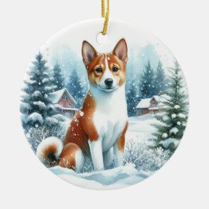 Watercolor Basenji Winter Wonderland Scene Keramik Ornament
