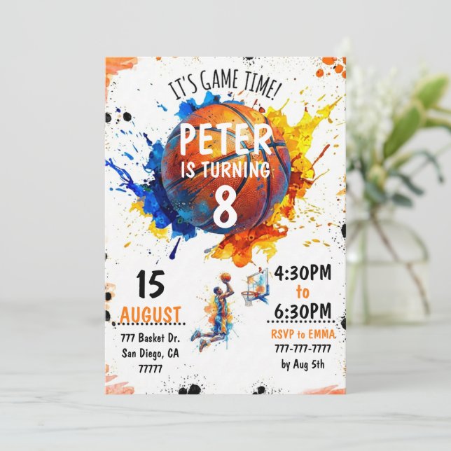 Watercolor Basketball Birthday Invitation Einladung (Stehend Vorderseite)