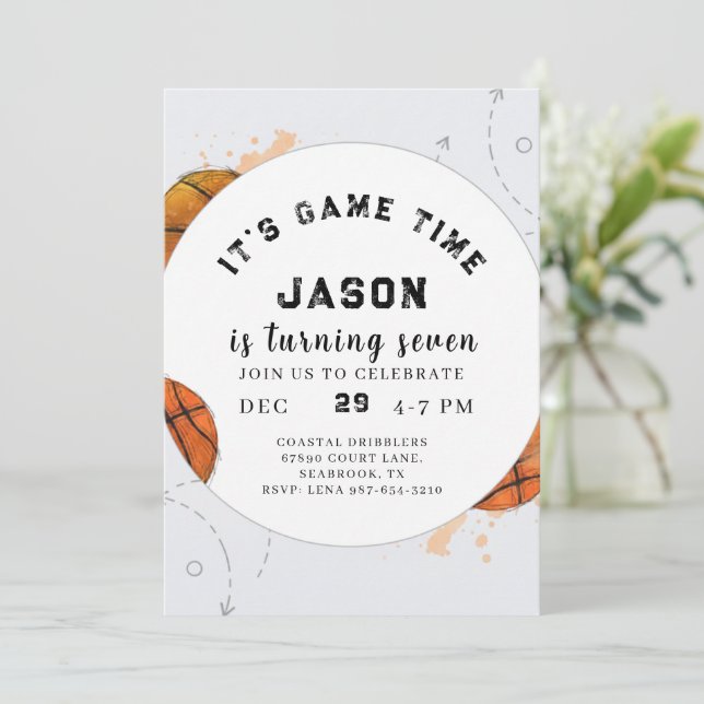 Watercolor Basketball Birthday Invitation Einladung (Stehend Vorderseite)