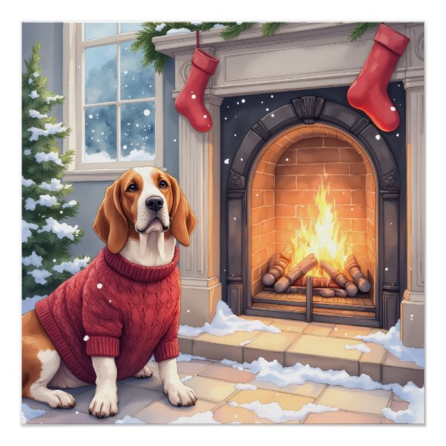 Watercolor Basset Hound Cozy Fireplace Christmas Poster (Vorderseite)