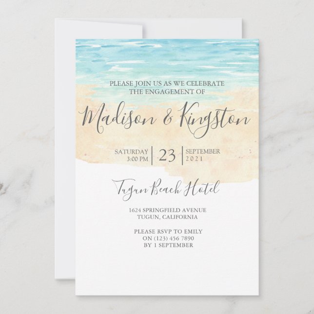 Watercolor Beach Blue Engagement Party Einladung (Vorderseite)