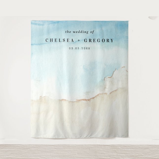 Watercolor Beach Blue & Sand Wedding Hintergrund Wandteppich (Vorderseite)