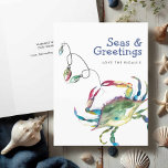 Watercolor Beach Christmas Cards Blue Crab Dankeskarte<br><div class="desc">These seashore holiday greetings feature a watercolor blue crab in nautical and colorful shades. The words "seas and greetings" are set in fun typography. These ocean-themed Christmas cards open to reveal your custom greeting. Use the template fields to add your personalized text. A coastal choice for Christmas greetings. To see...</div>