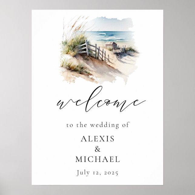 Watercolor Beach Coastal Wedding Willkommenszeiche Poster (Vorne)