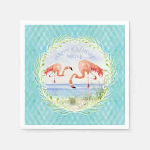 Watercolor Beach Flamingo Schönes Geburtstags-Par Serviette