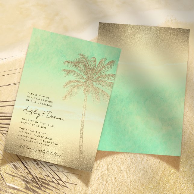 Watercolor Beach Gold Sand Palm Tree Boho Hochzeit Einladung (Von Creator hochgeladen)