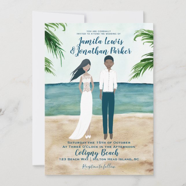 Watercolor Beach Hochzeit Einladung Black Couple (Vorderseite)