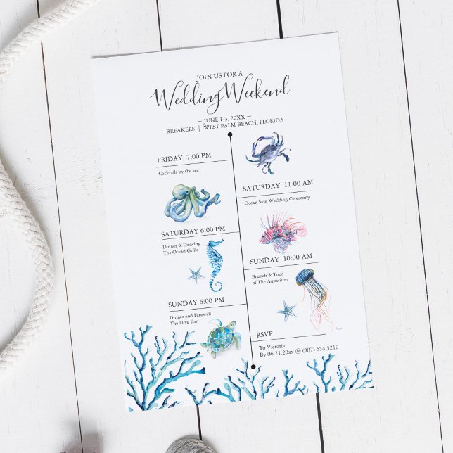 Watercolor Beach Hochzeitswochenende - Timeline (Wedding weekend illustrated itinerary invitation watercolor ocean creatures Victoria Grigaliunas )