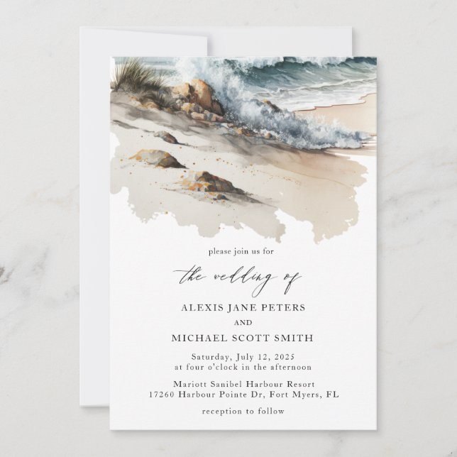 Watercolor Beach Ocean Coastal Wedding Einladung (Vorderseite)