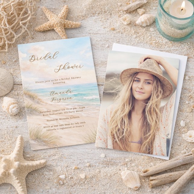 Watercolor beach sand dunes photo Bridal Shower Einladung (Von Creator hochgeladen)
