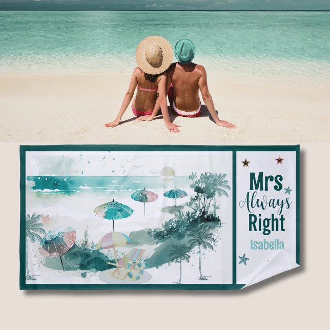 Watercolor Beach Scene Funny Honeymoon Strandtuch (Von Creator hochgeladen)