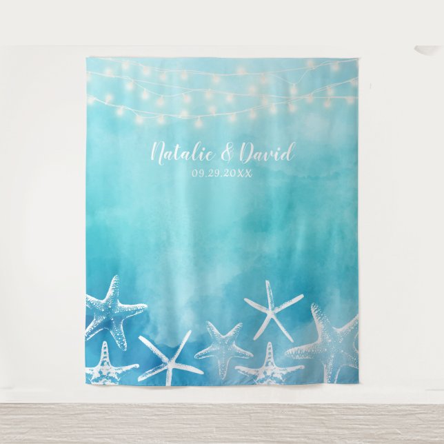 Watercolor Beach Starfish Sommer-Hochzeitsrückwürf Wandteppich (Vorderseite)