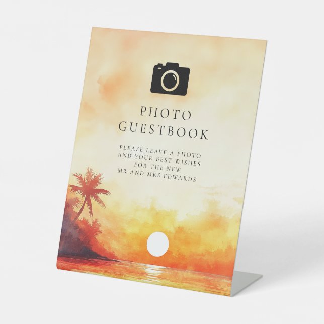 Watercolor Beach Sunset Foto Gästebuch Sockelschild (Vorderseite)