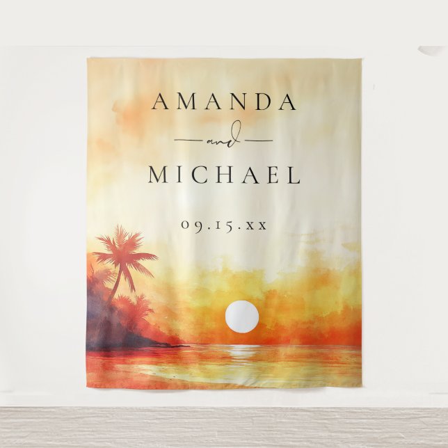 Watercolor Beach Sunset Wedding Foto Hintergrund Wandteppich (Vorderseite)