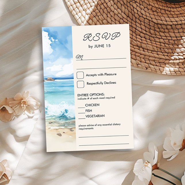 Watercolor Beach Thema Hochzeit und Entree Option RSVP Karte (RSVP with entrees from the Summer Beach Wedding Collection by Darling & May)