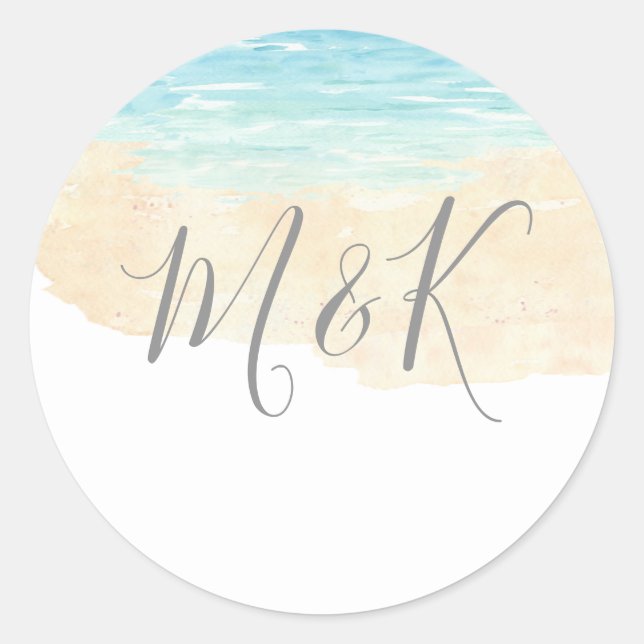 Watercolor Beach Wedding-Initialen Name Favoriten Runder Aufkleber (Vorderseite)