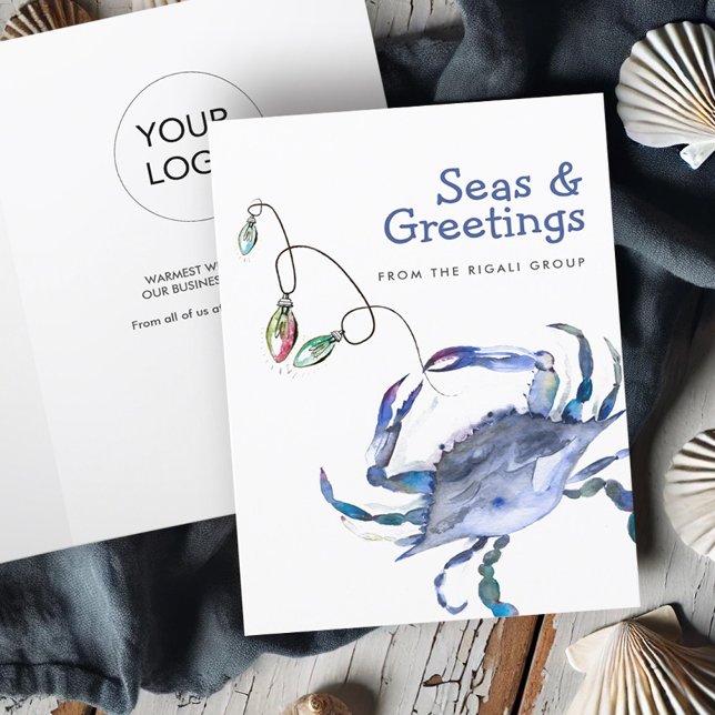 Watercolor Beach Weihnachtskarten Blue Crab Dankeskarte (Beach business Christmas cards with logo watercolor crab art by Victoria Grigaliunas Do Tell A Belle)
