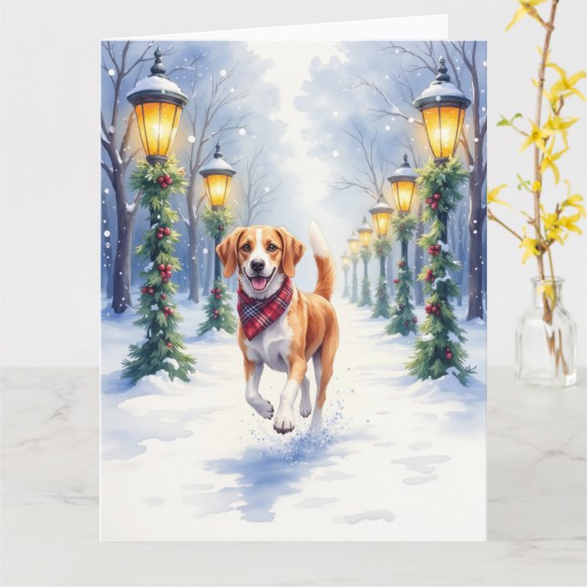 Watercolor Beagle Snowy Park Christmas Holiday Karte (Gelbe Blume)