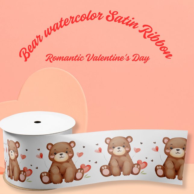Watercolor Bear Valentine's Day Satinband (Romantic Valentine's Day Bear watercolor Satin Ribbon)