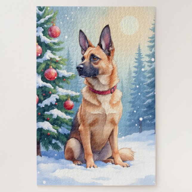 Watercolor Belgian Malinois Evergreen Christmas Puzzle (Vertikal)
