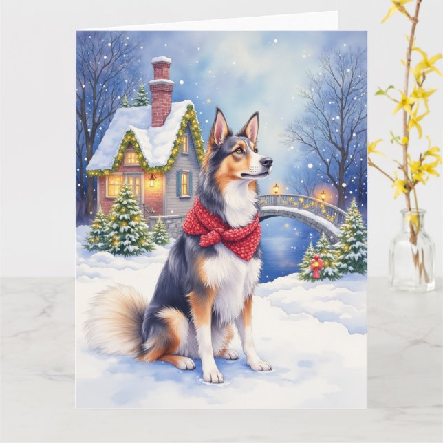 Watercolor Belgian Sheepdog Winter Christmas Karte (Gelbe Blume)