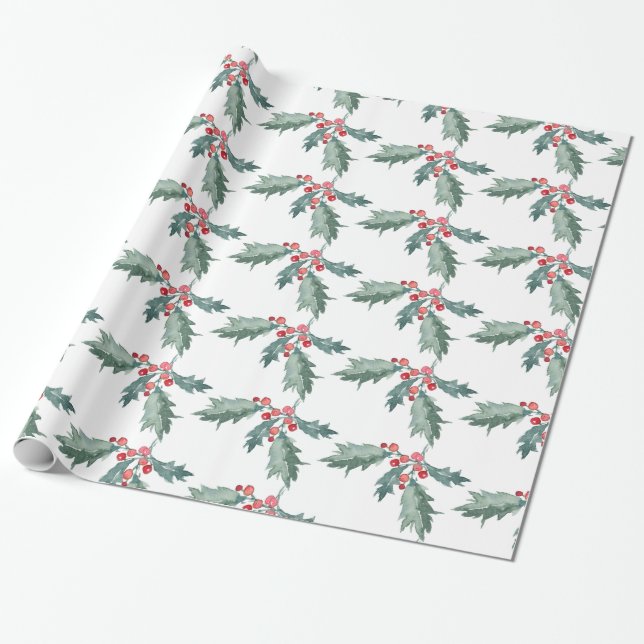 Watercolor bemalt Weihnachts Holly Wrapping Paper Geschenkpapier (Ungerollt)