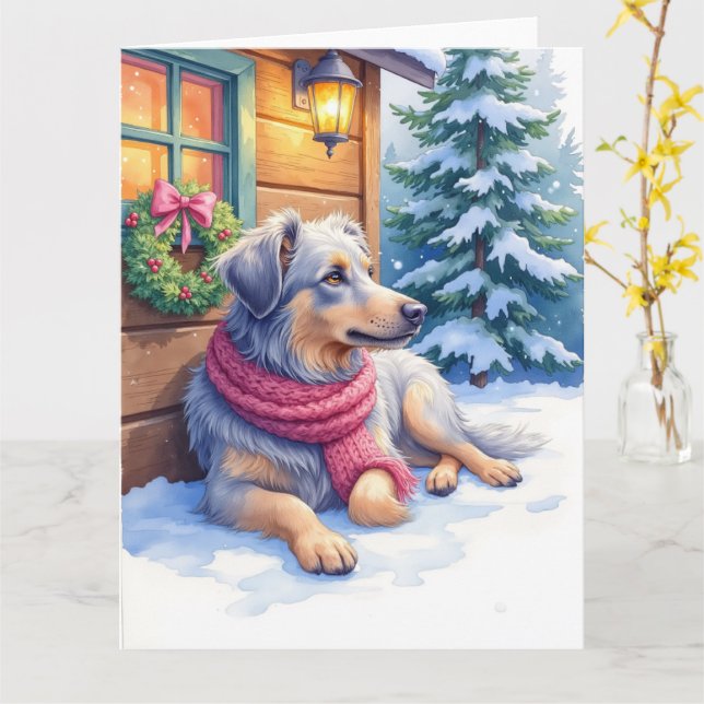 Watercolor Bergamasco Shepherd Cabin Christmas Karte (Gelbe Blume)