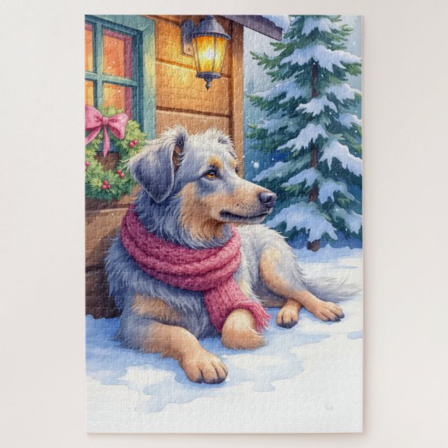 Watercolor Bergamasco Shepherd Cabin Christmas Puzzle (Vertikal)