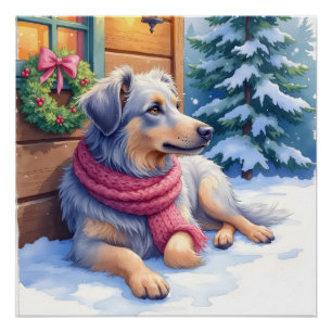 Watercolor Bergamasco Shepherd Hütten-Weihnachten Poster