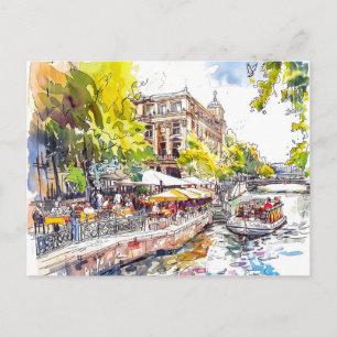 Watercolor Berlin Mitte Spree River Café Postkarte