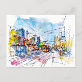 Watercolor Berlin Mitte Straßenbahnhaltestelle Far Postkarte