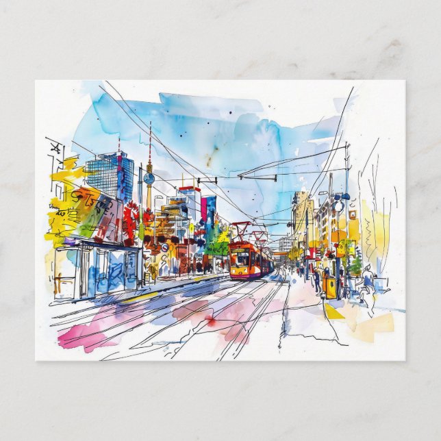 Watercolor Berlin Mitte Straßenbahnhaltestelle Far Postkarte (Vorderseite)