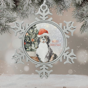 Watercolor Bernese Mountain Dog Frohe Weihnachten Schneeflocken Zinn-Ornament
