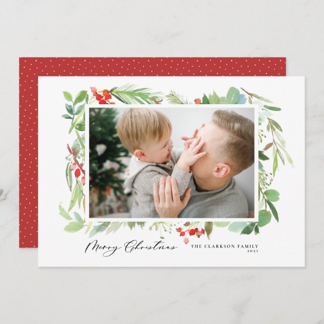 Watercolor Berries Grünrahmen Frohe Weihnachten (Vorne/Hinten)