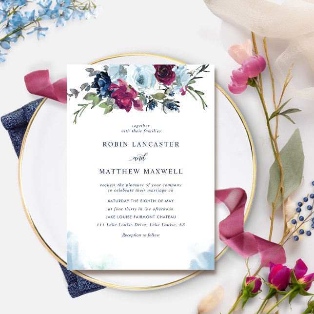 Watercolor Berry Blue Burgund Floral Wedding Invi Einladung (Von Creator hochgeladen)