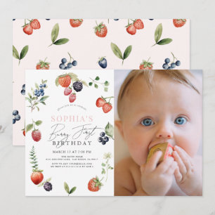 Watercolor Berry First Girl 1. Geburtstag Foto Einladung