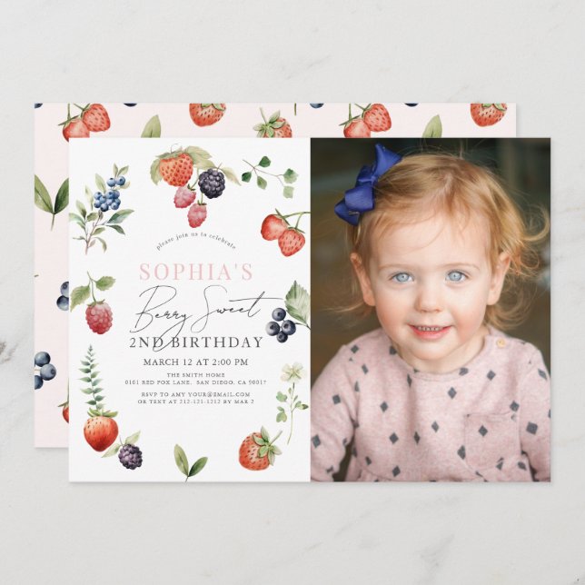 Watercolor Berry First Girl New Orleans Foto Einladung (Vorne/Hinten)