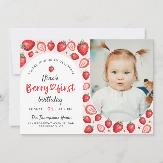 Watercolor Berry First Sweet Birthday Foto Einladung (Vorderseite)