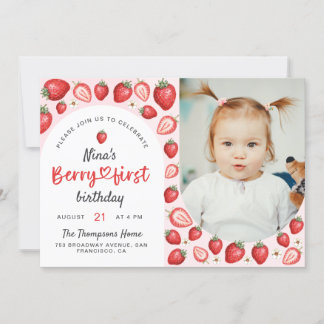 Watercolor Berry First Sweet Birthday Foto Einladung