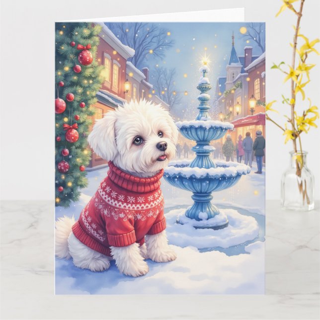 Watercolor Bichon Frise Festive Fountain Christmas Karte (Gelbe Blume)